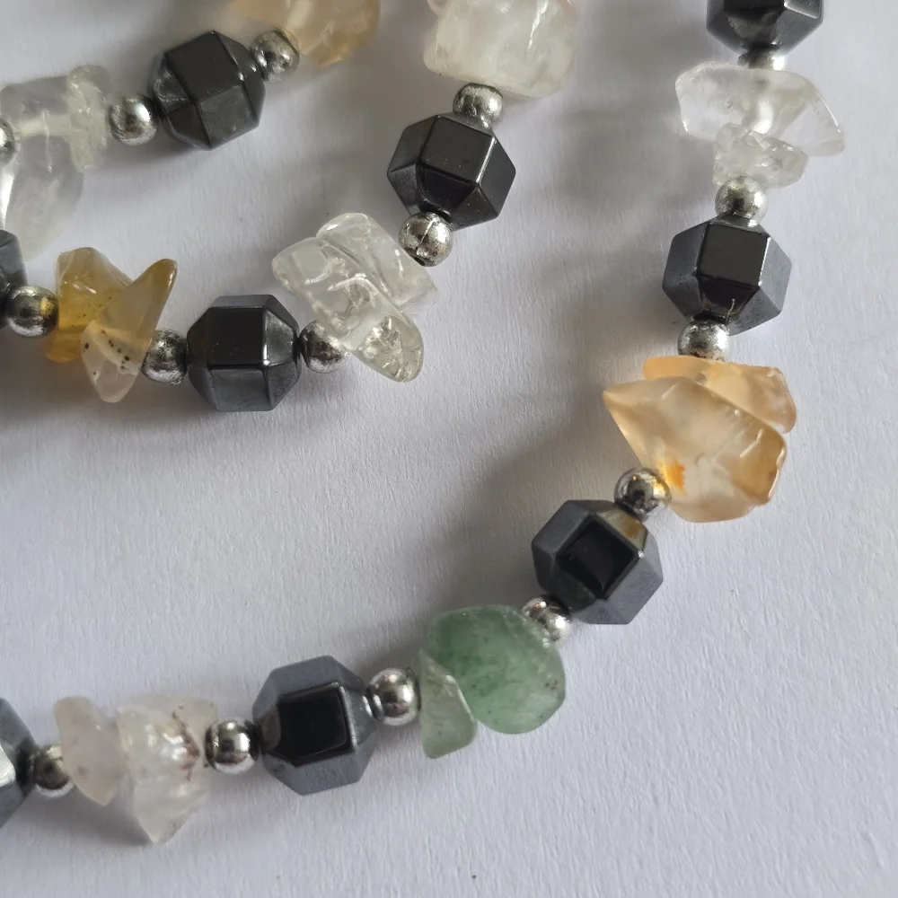 Handmade gemstone necklace beaded yellow green grey gray silver tone clear